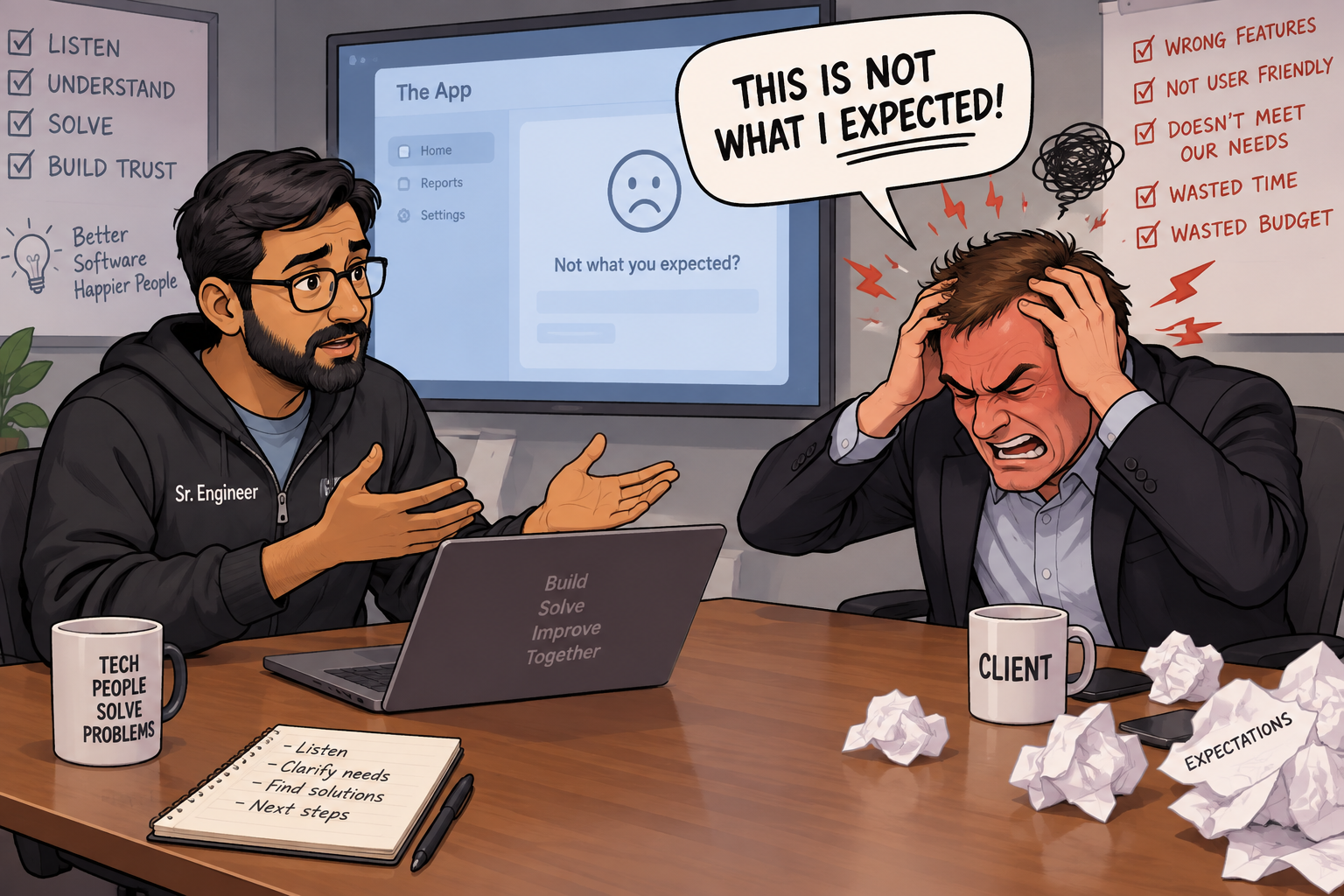 Senior engineer discussing an application with a frustrated client